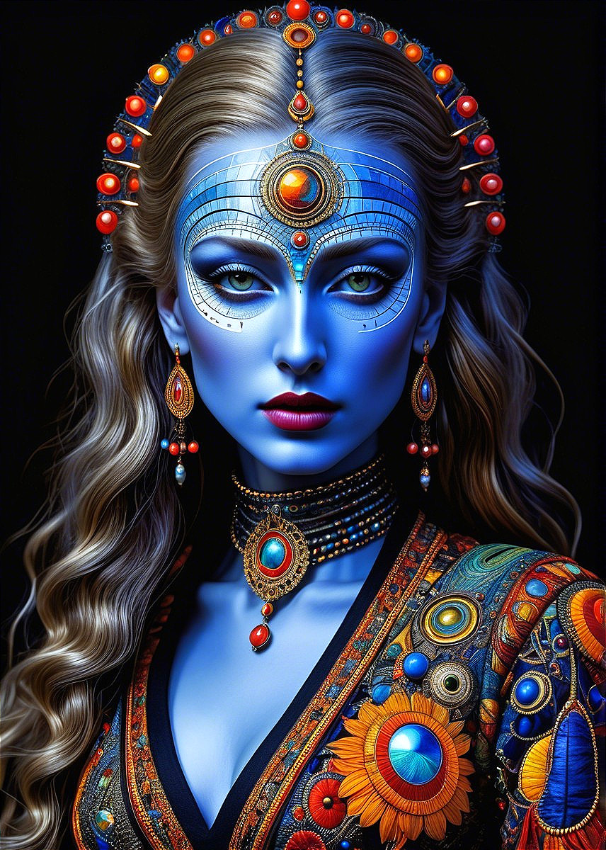 Portrait of a Woman with Blue Skin and Floral Garment