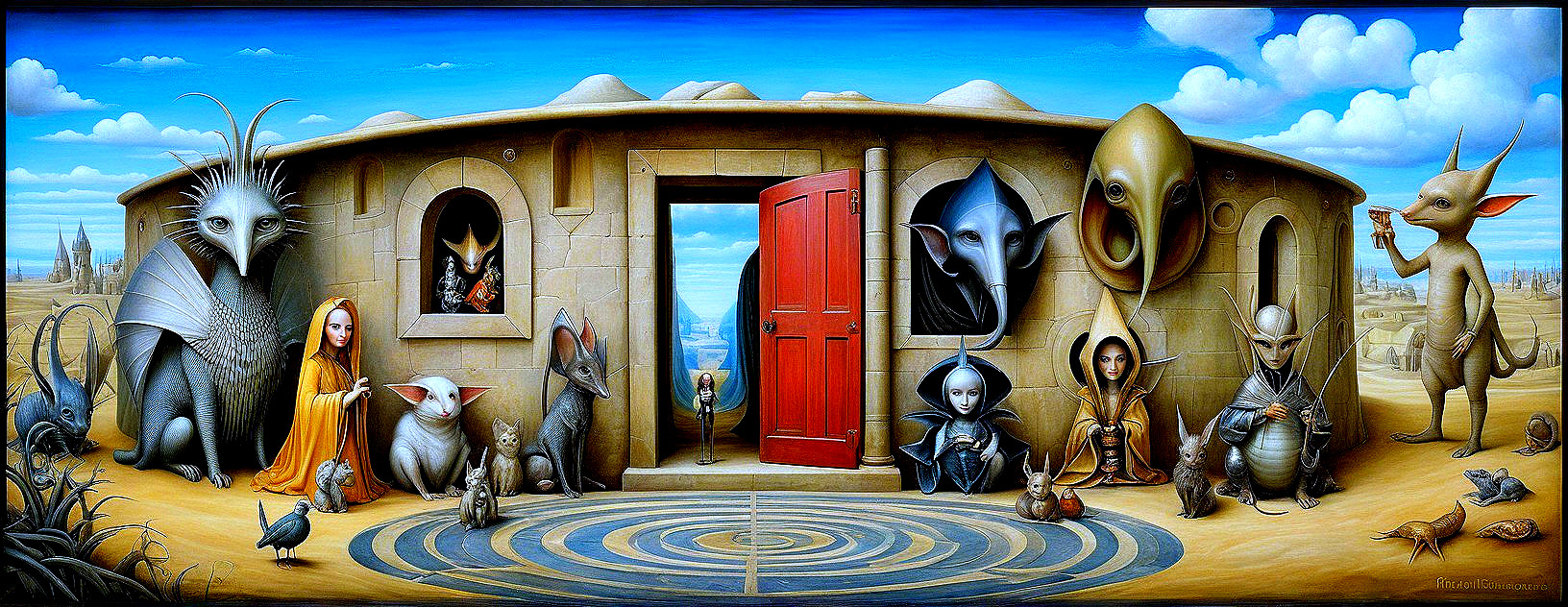 Surreal Scene with Circular Structure and Creatures