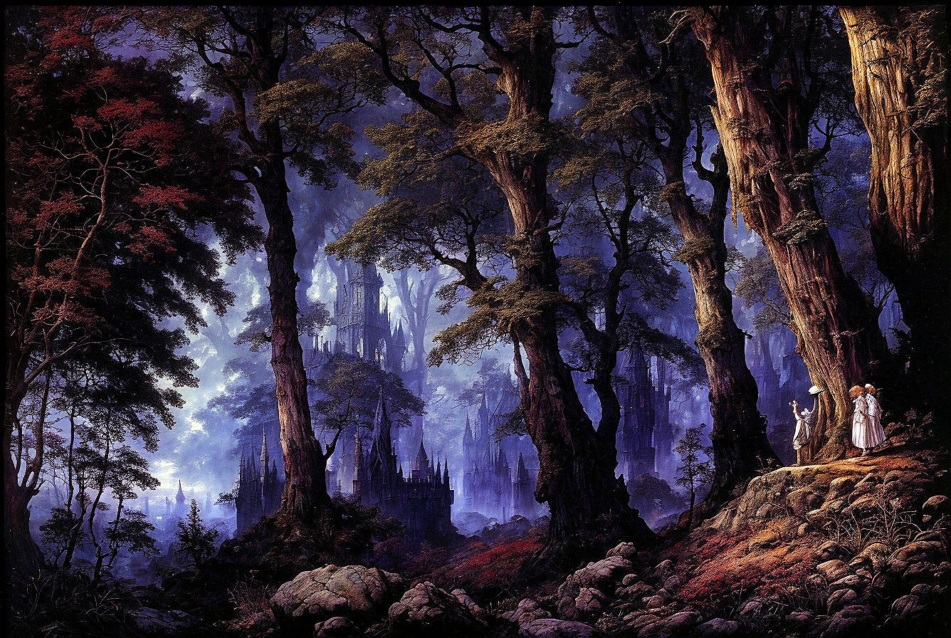 Mystical Forest with Enchanting Castle and Couple