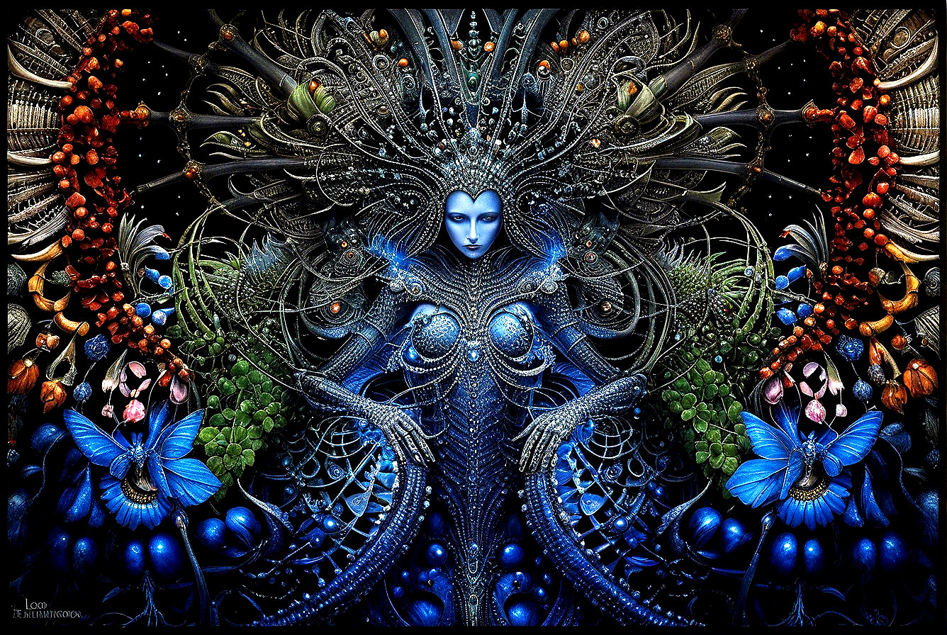 Ethereal Blue Figure in Cosmic Floral Artwork