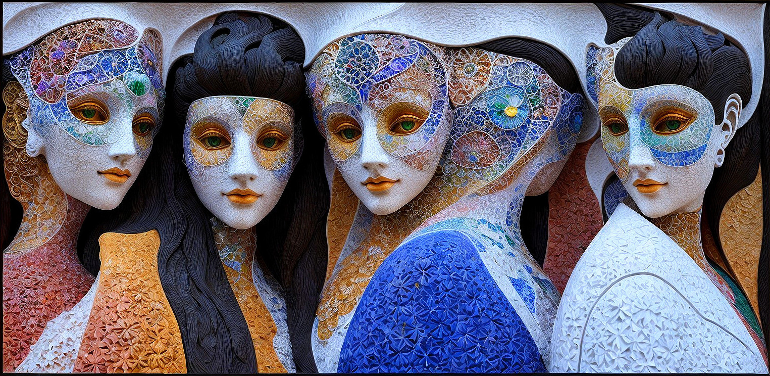 Intricate Artwork of Five Stylized Female Figures