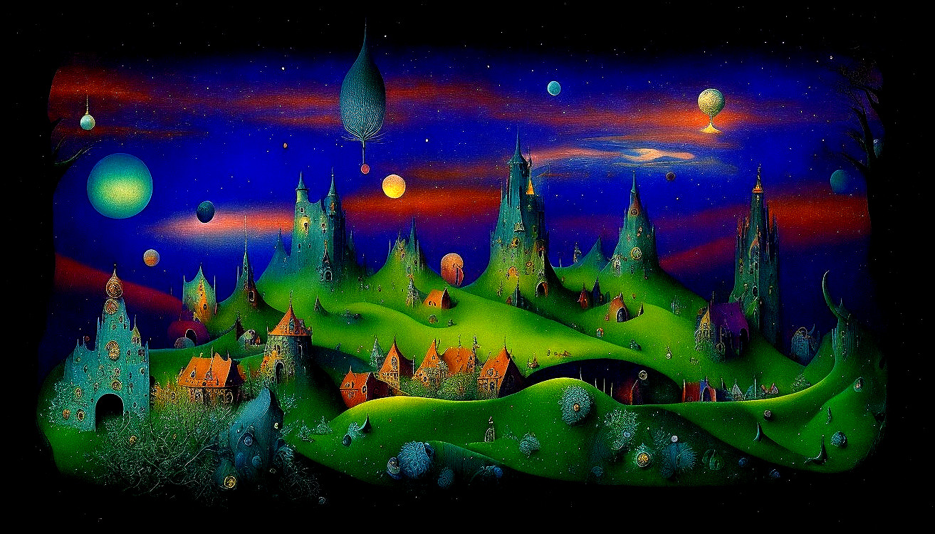 Whimsical Landscape with Rolling Hills and Spires