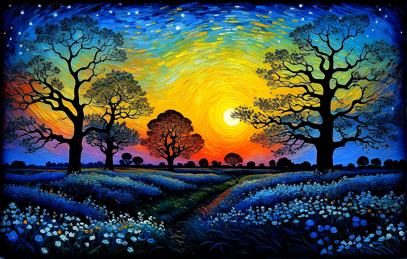 Vibrant Landscape with Swirling Sunset Sky and Flowers