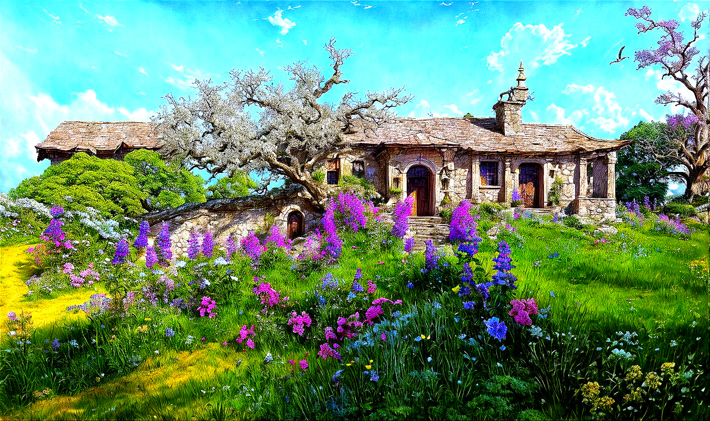 Rustic Stone Cottage in a Flower-Filled Meadow