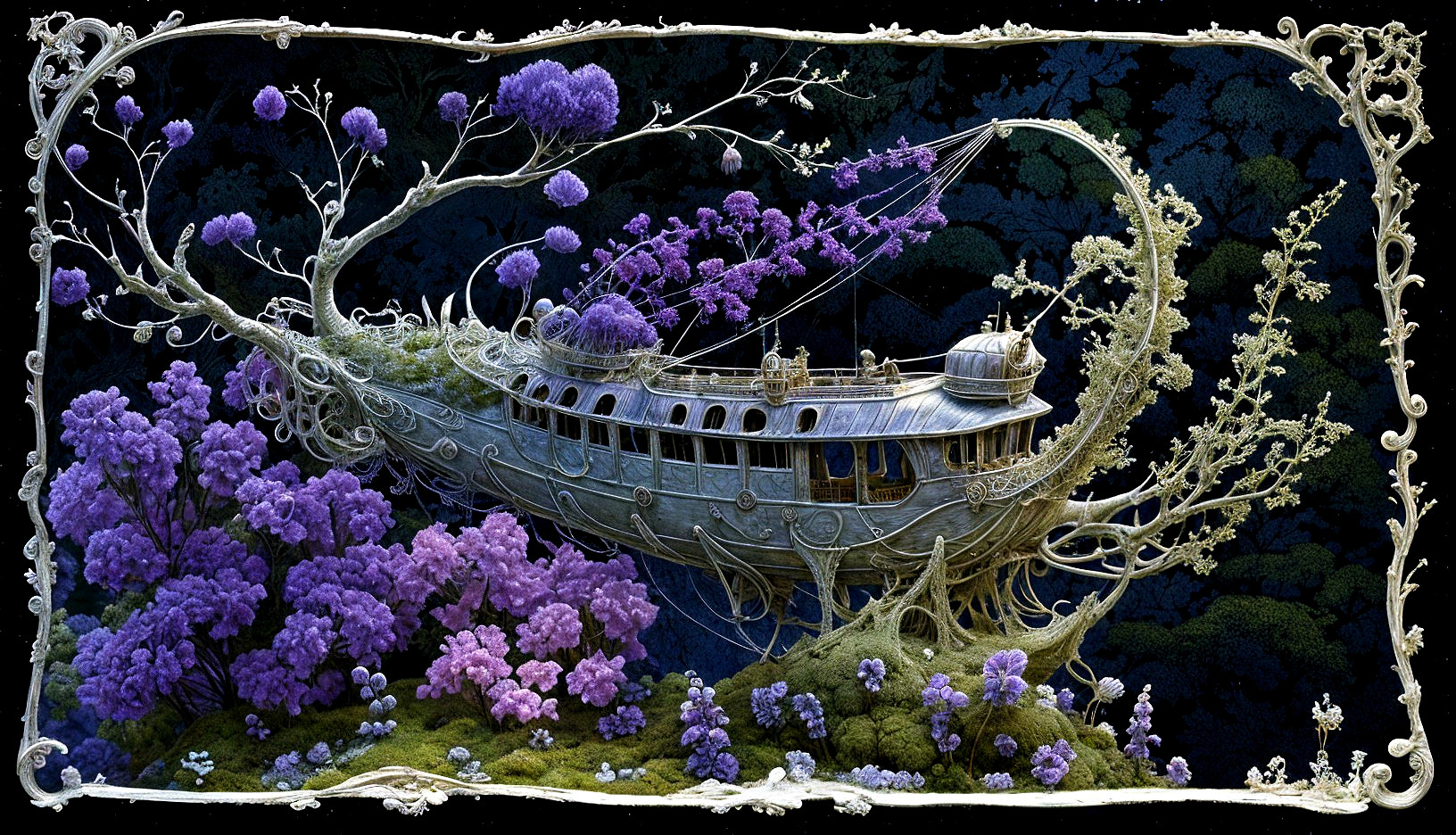 Whimsical Ship Amidst Vibrant Purple Foliage