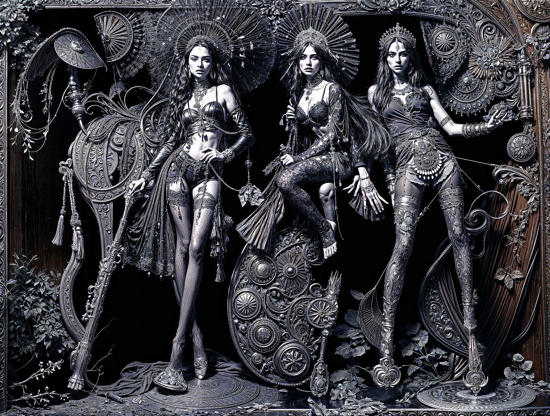 Black-and-white artwork with three elegantly posed figures