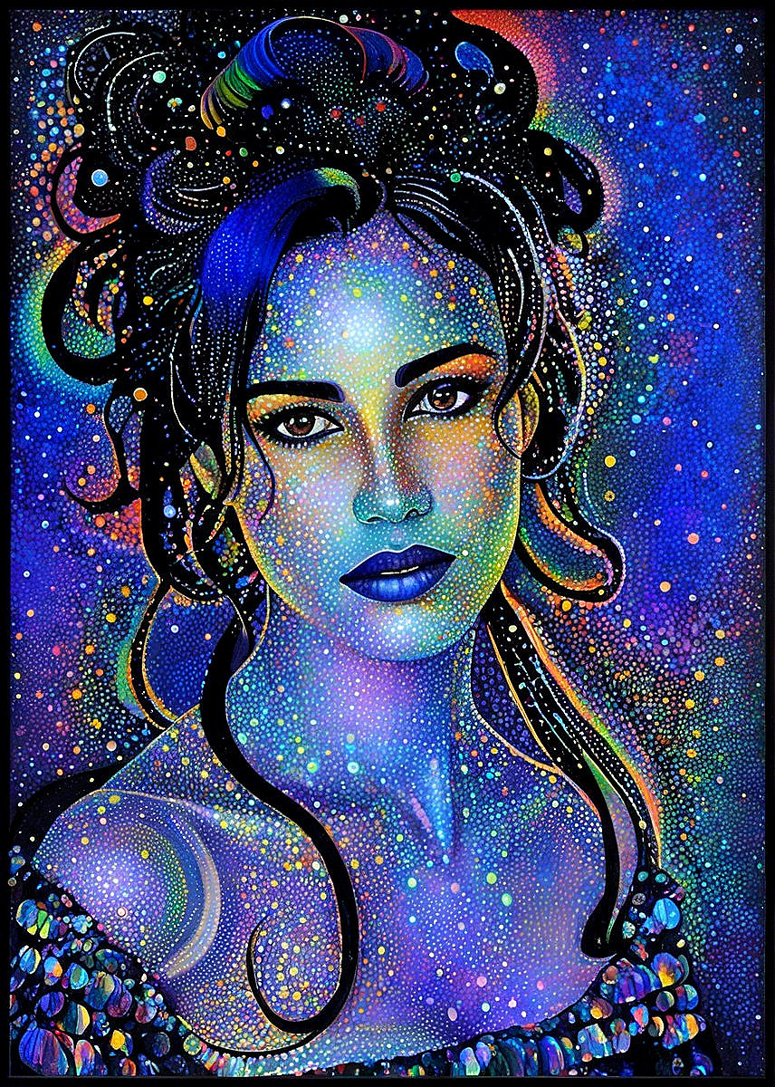 Vibrant Cosmic Portrait of a Woman with Patterns