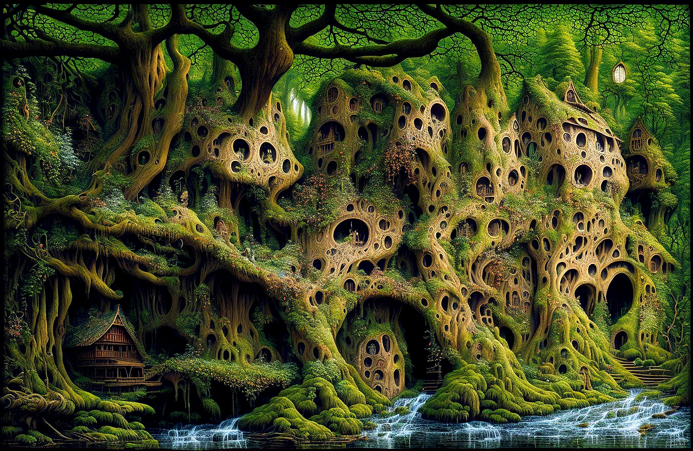 Mystical forest with twisted trees and a wooden house