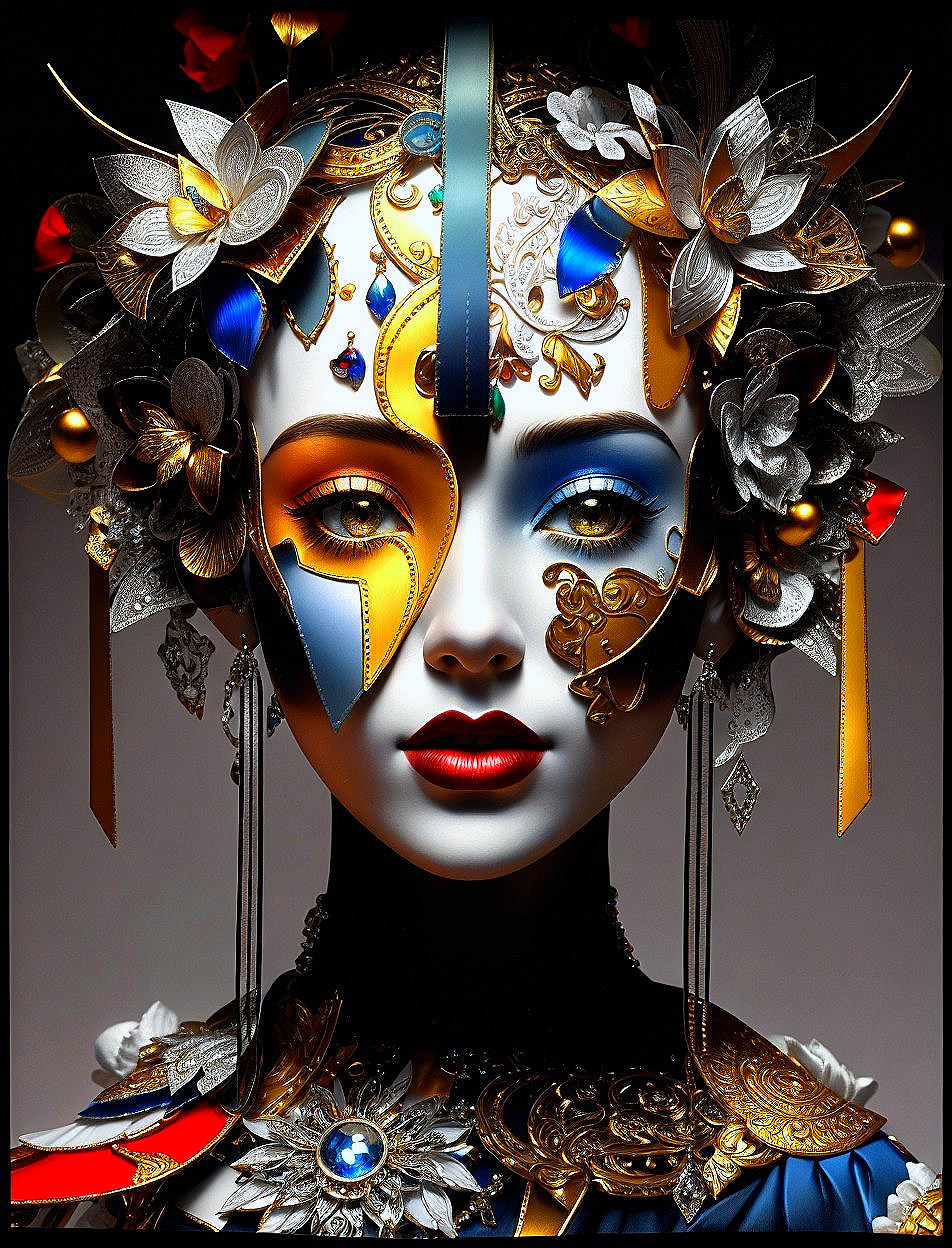 Stylized Female Figure with Mask and Floral Elements