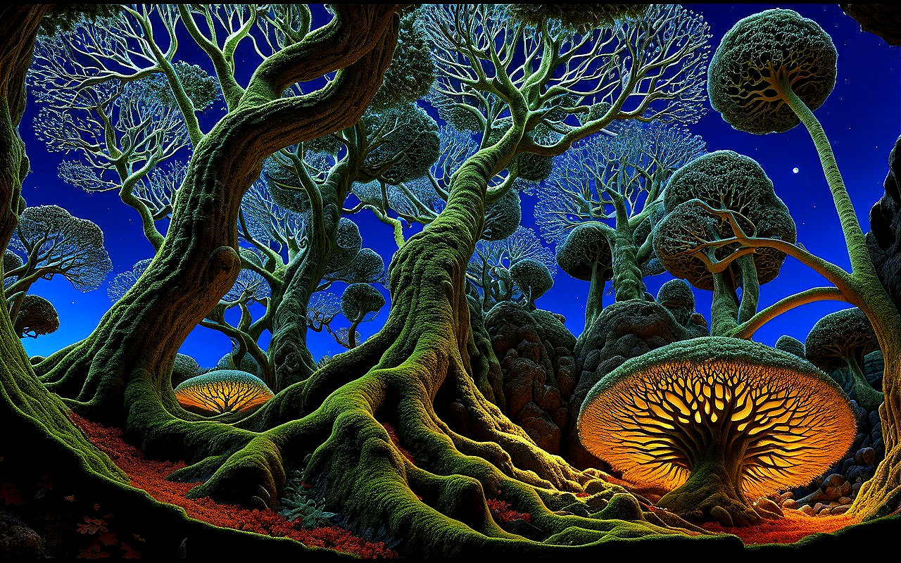 Surreal Bioluminescent Forest Under Night Sky