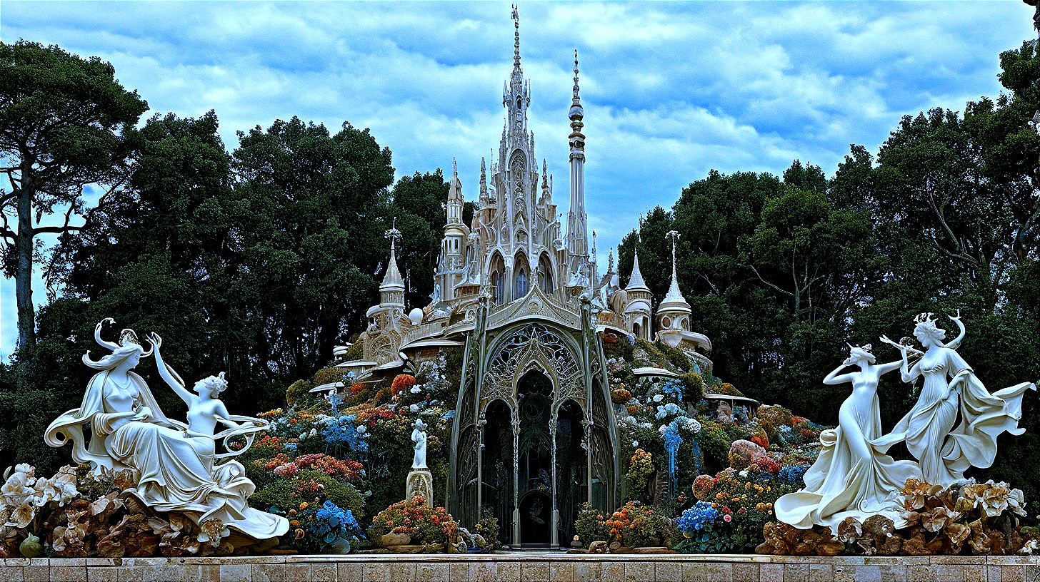 Intricately Designed Castle Surrounded by Lush Greenery
