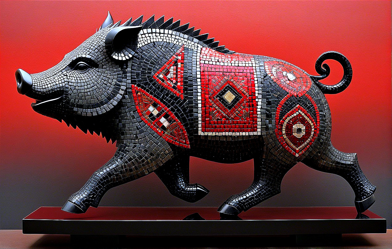 Mosaic Sculpture of a Wild Boar in Intricate Tiles