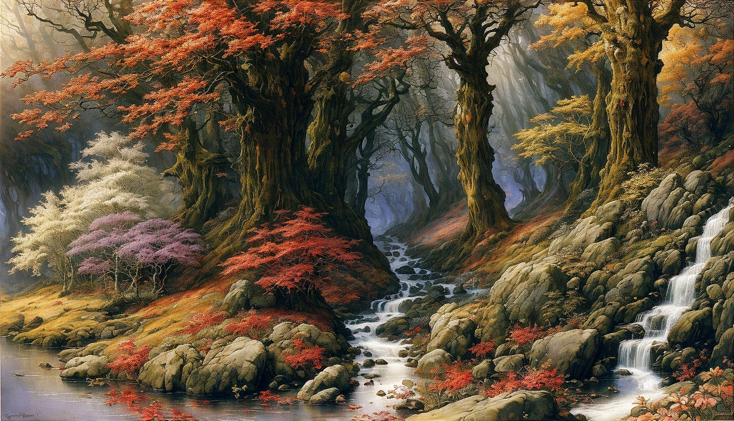 Tranquil Stream in Vibrant Autumn Forest Landscape