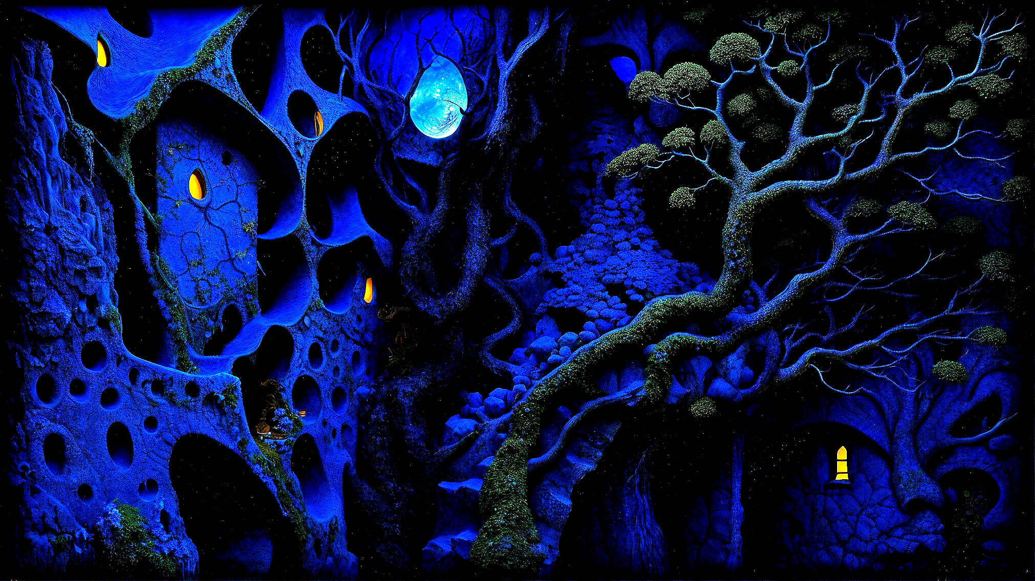 Surreal Landscape with Blue Hues and Glowing Orbs