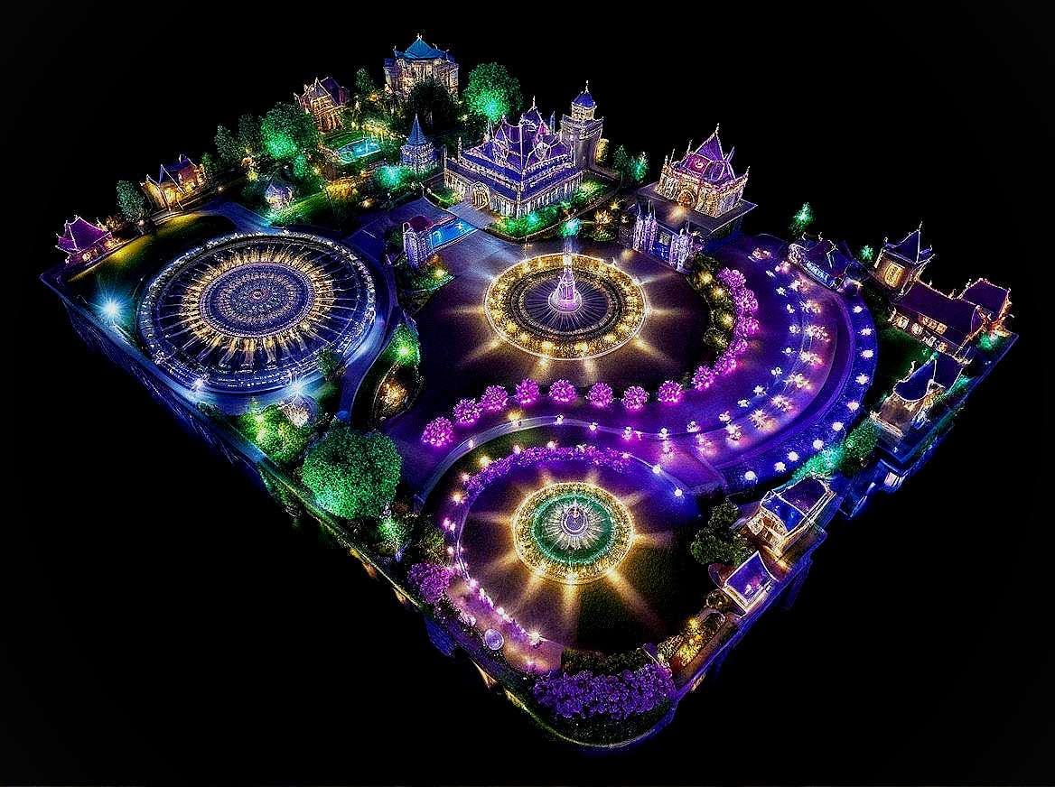 Illuminated Theme Park Layout with Colorful Lights