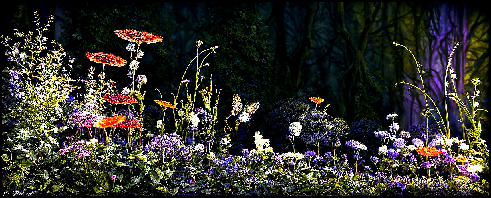 Vibrant Garden with Colorful Flowers and Butterfly