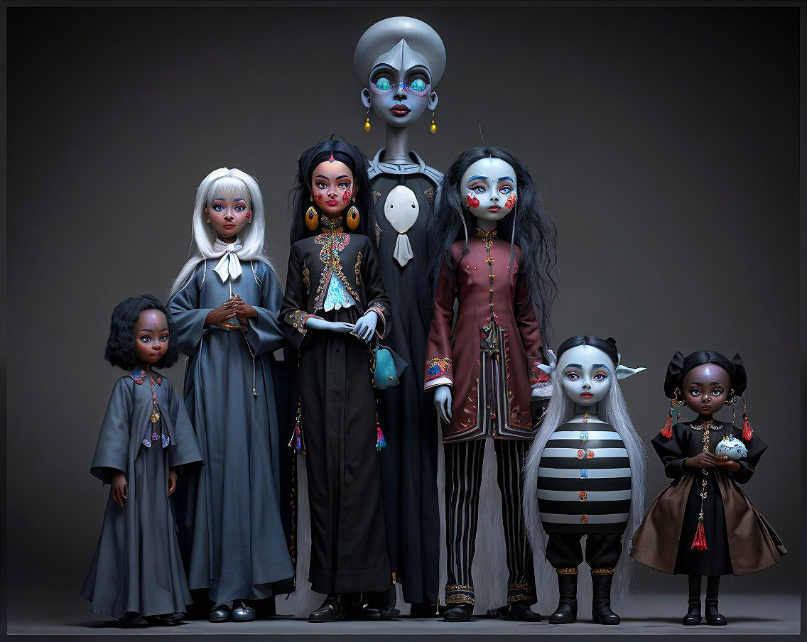 Diverse Elegantly Designed Dolls Against Dark Backdrop