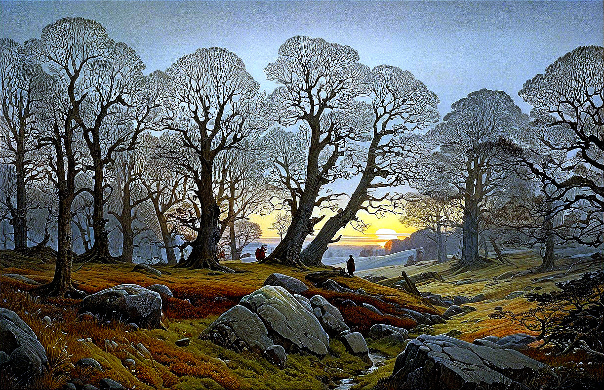 Serene Forest Landscape at Dawn with Towering Trees