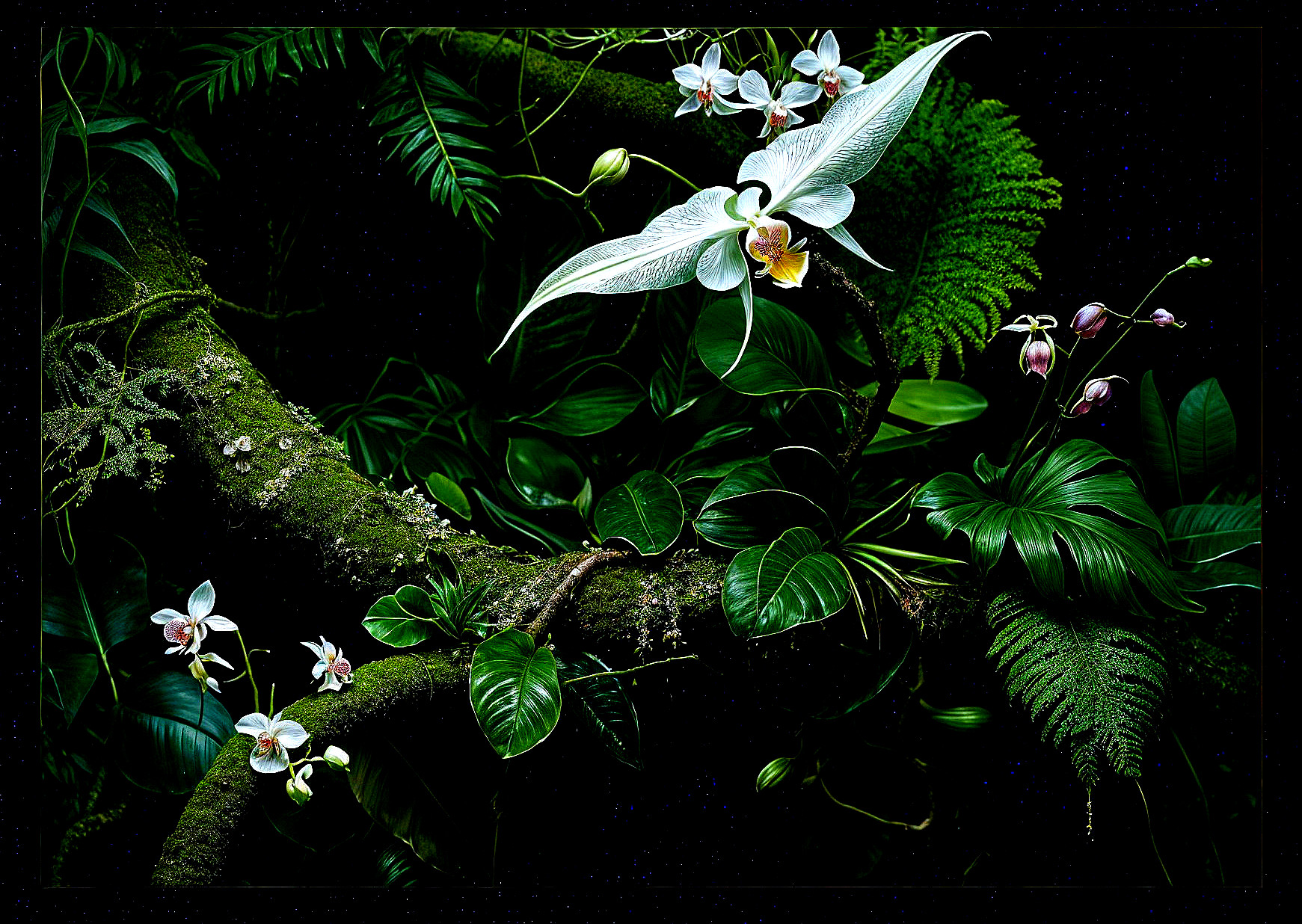 Vibrant Tropical Plants and Orchids in Lush Scene