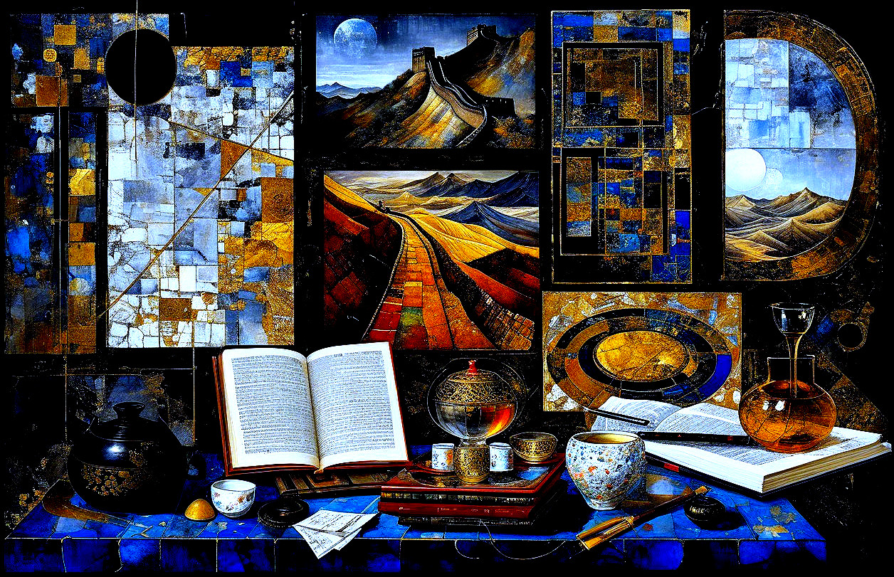 Vibrant Collage of Landscapes and Scholarly Objects