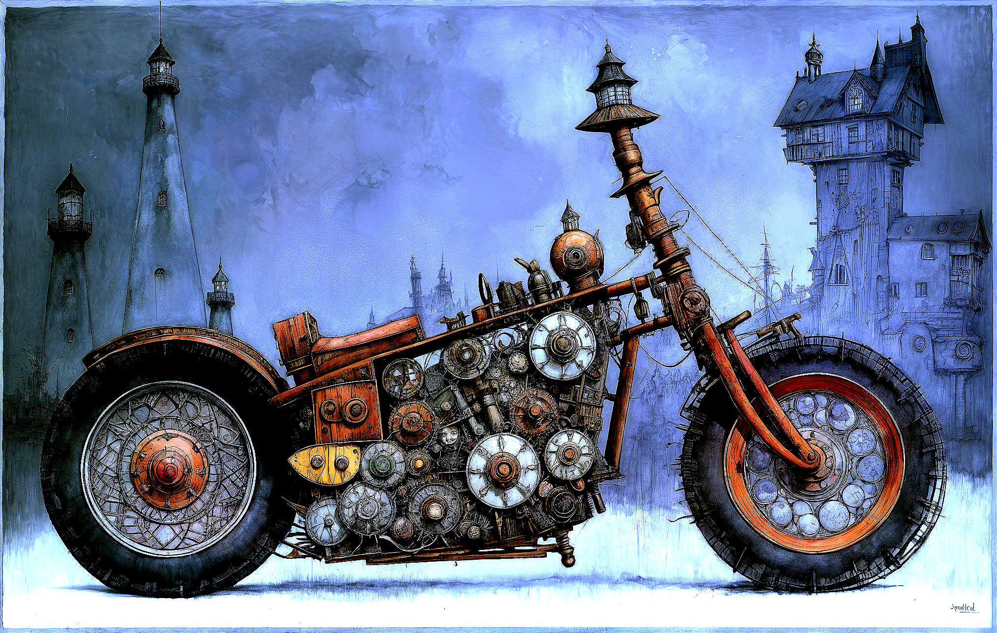 Vintage Steampunk Motorcycle with Intricate Design Elements