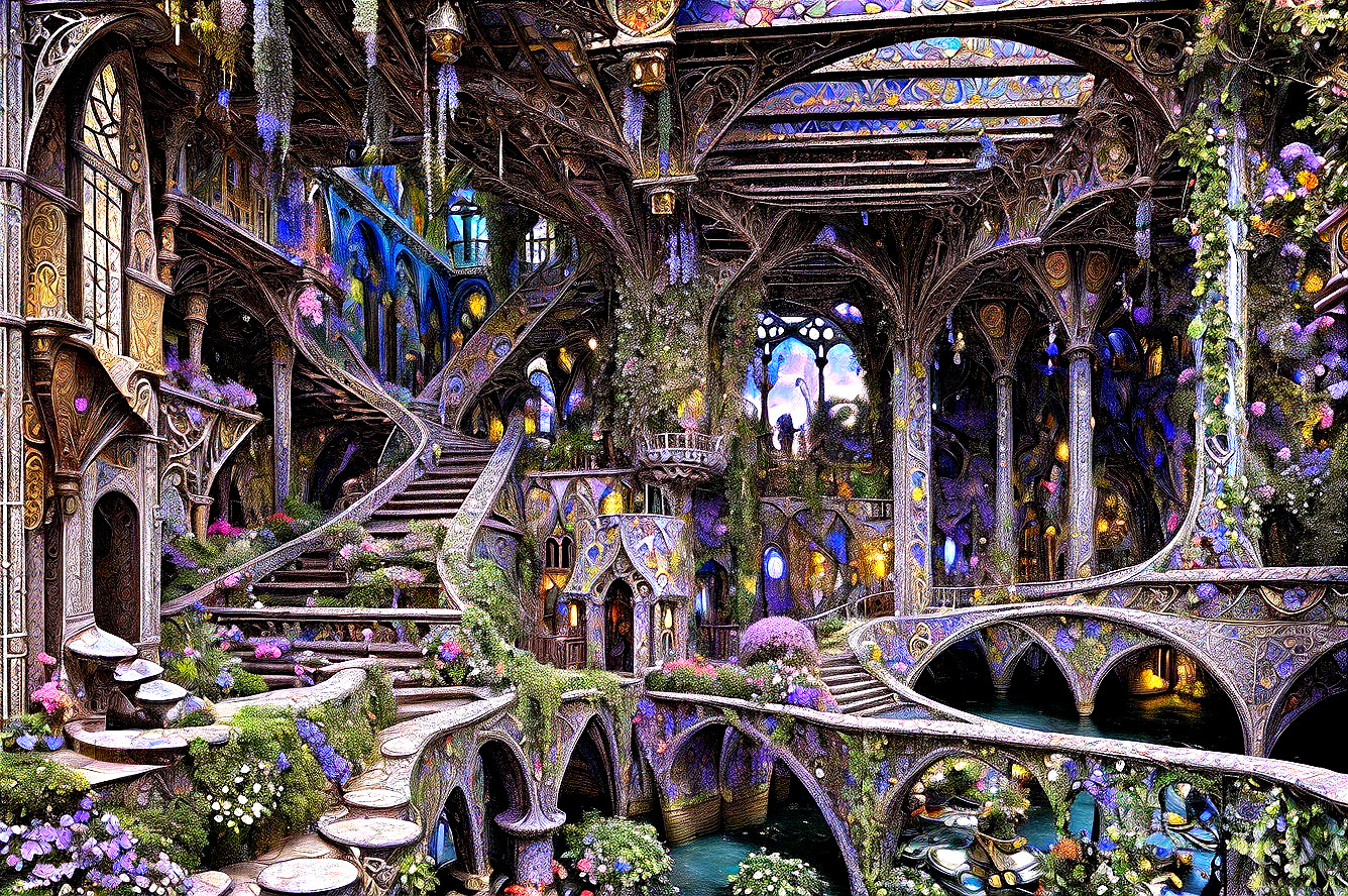 Intricate Fantasy Garden with Gothic Architecture