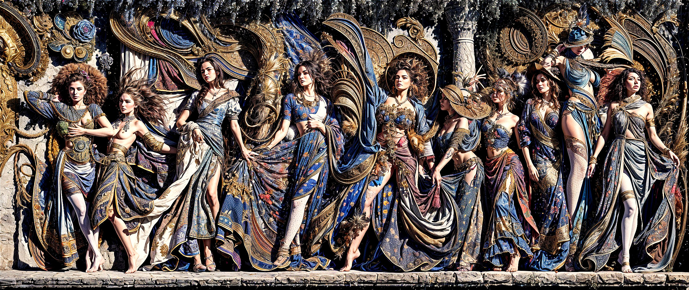 Artistic Depiction of Women in Elaborate Garments