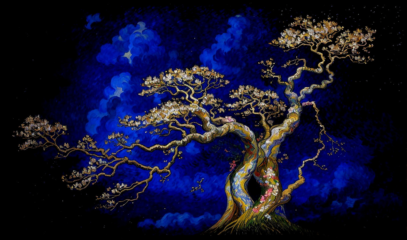 Majestic tree with blooming flowers on blue background