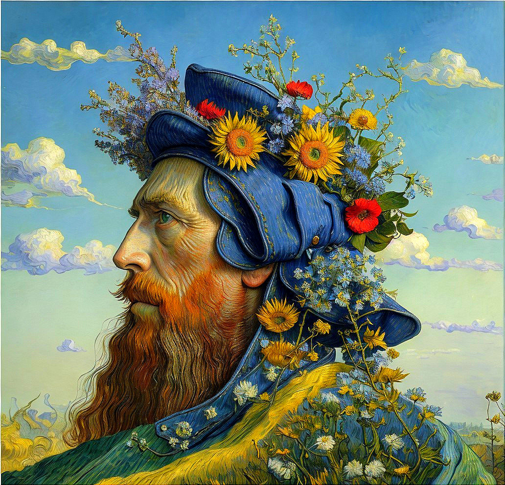 Detailed Profile of a Bearded Man with Floral Hat
