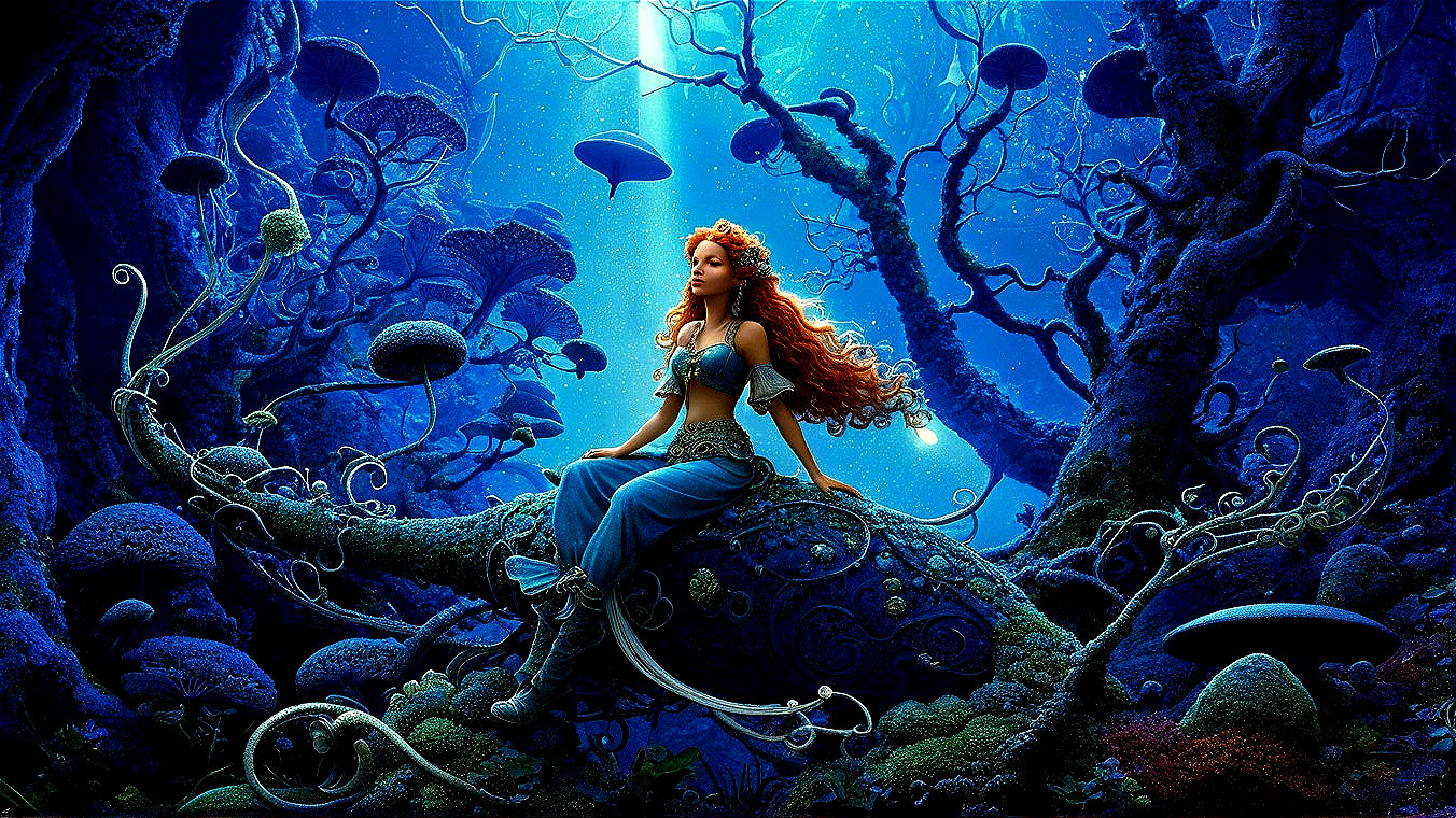 Underwater Fairy-Tale Scene with Bioluminescent Flora