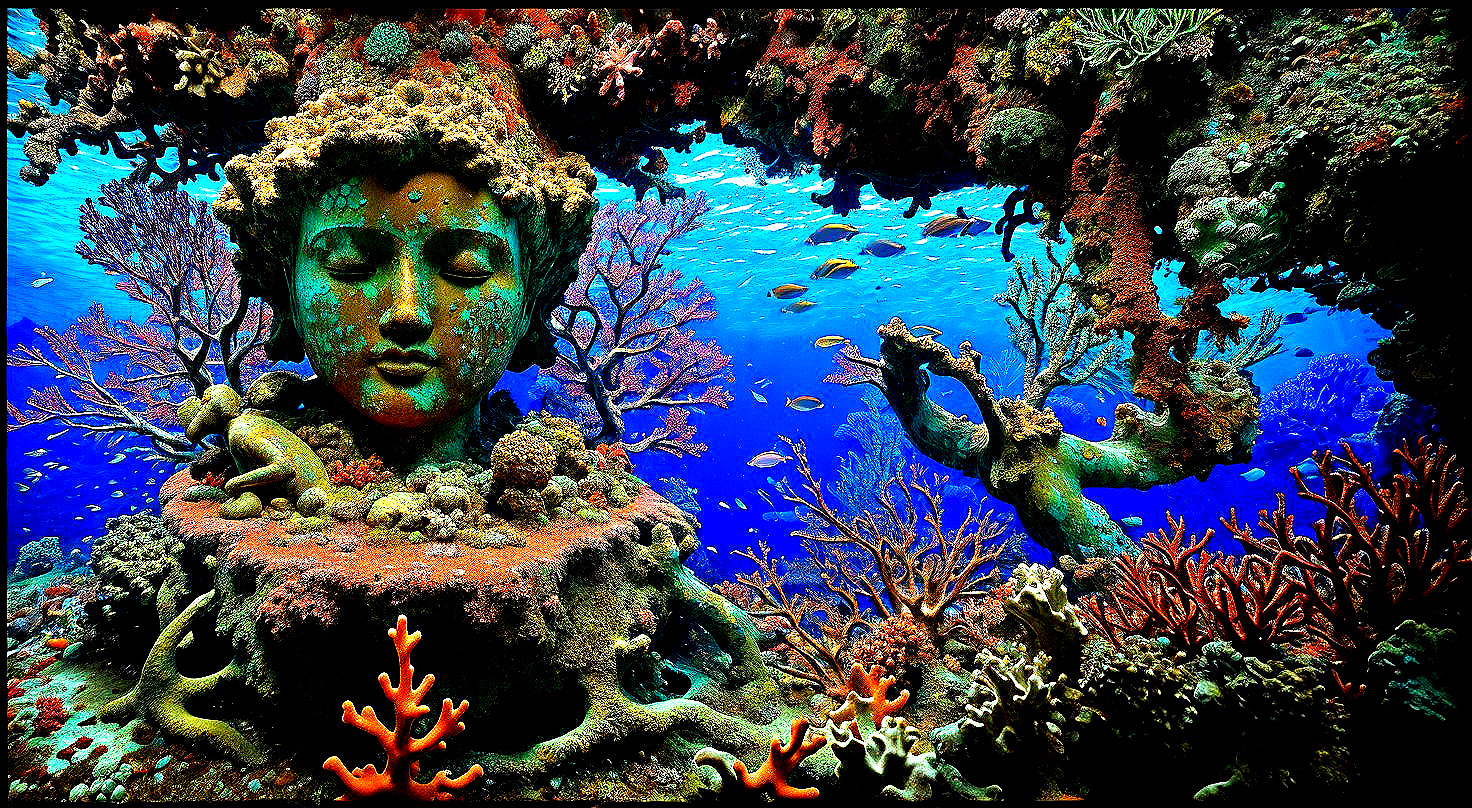 Underwater Scene with Coral Reefs and Sculptures