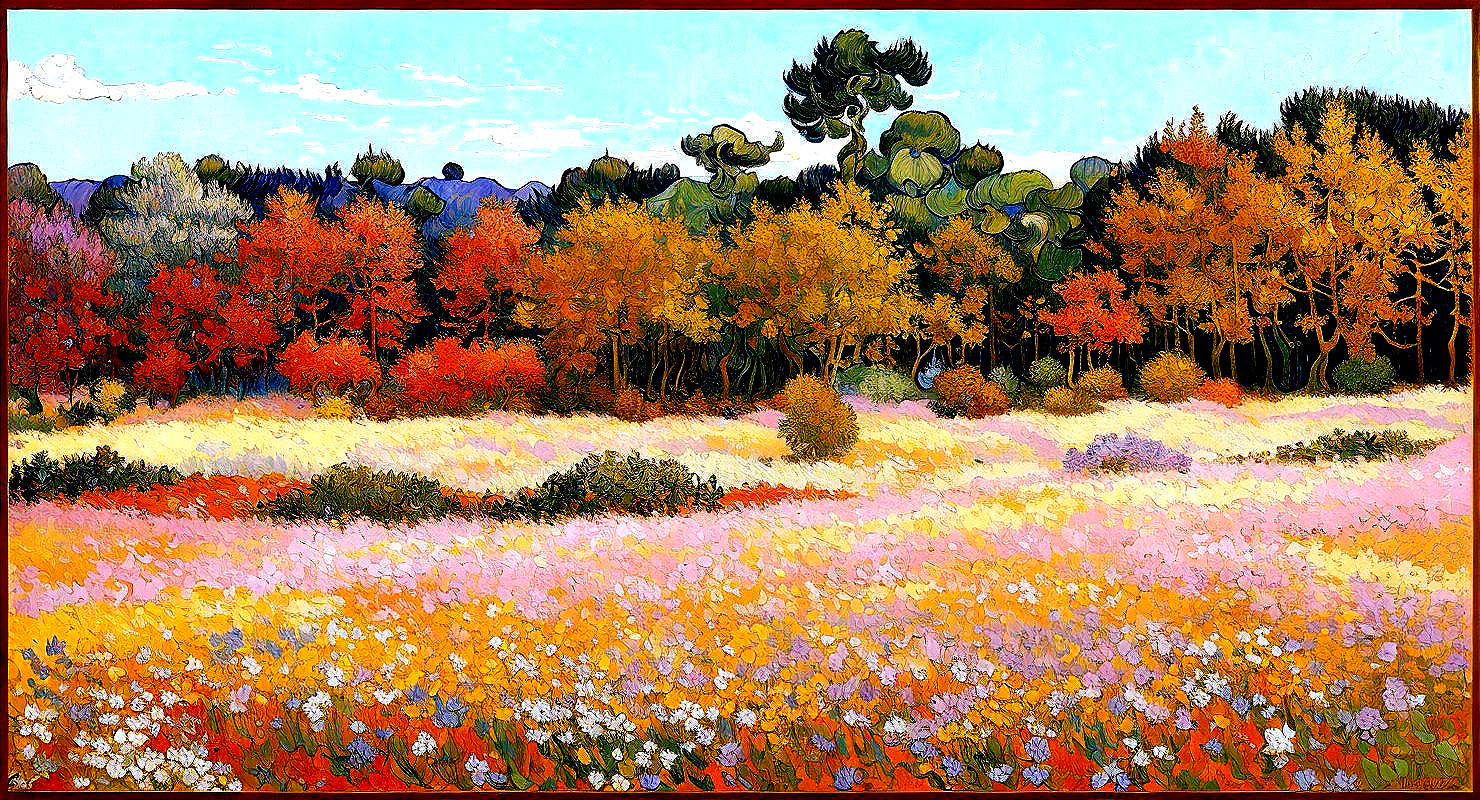 Vibrant Meadow with Colorful Wildflowers and Autumn Trees
