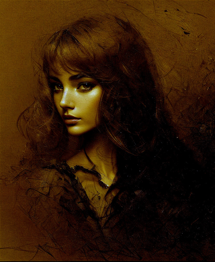 Portrait of a woman with wavy hair and intense gaze