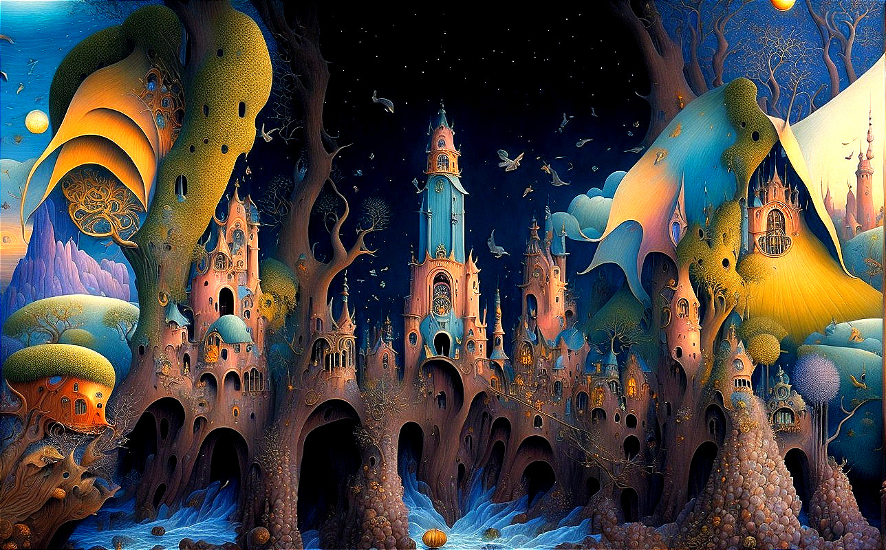 Surreal Landscape with Whimsical Architecture and Colors