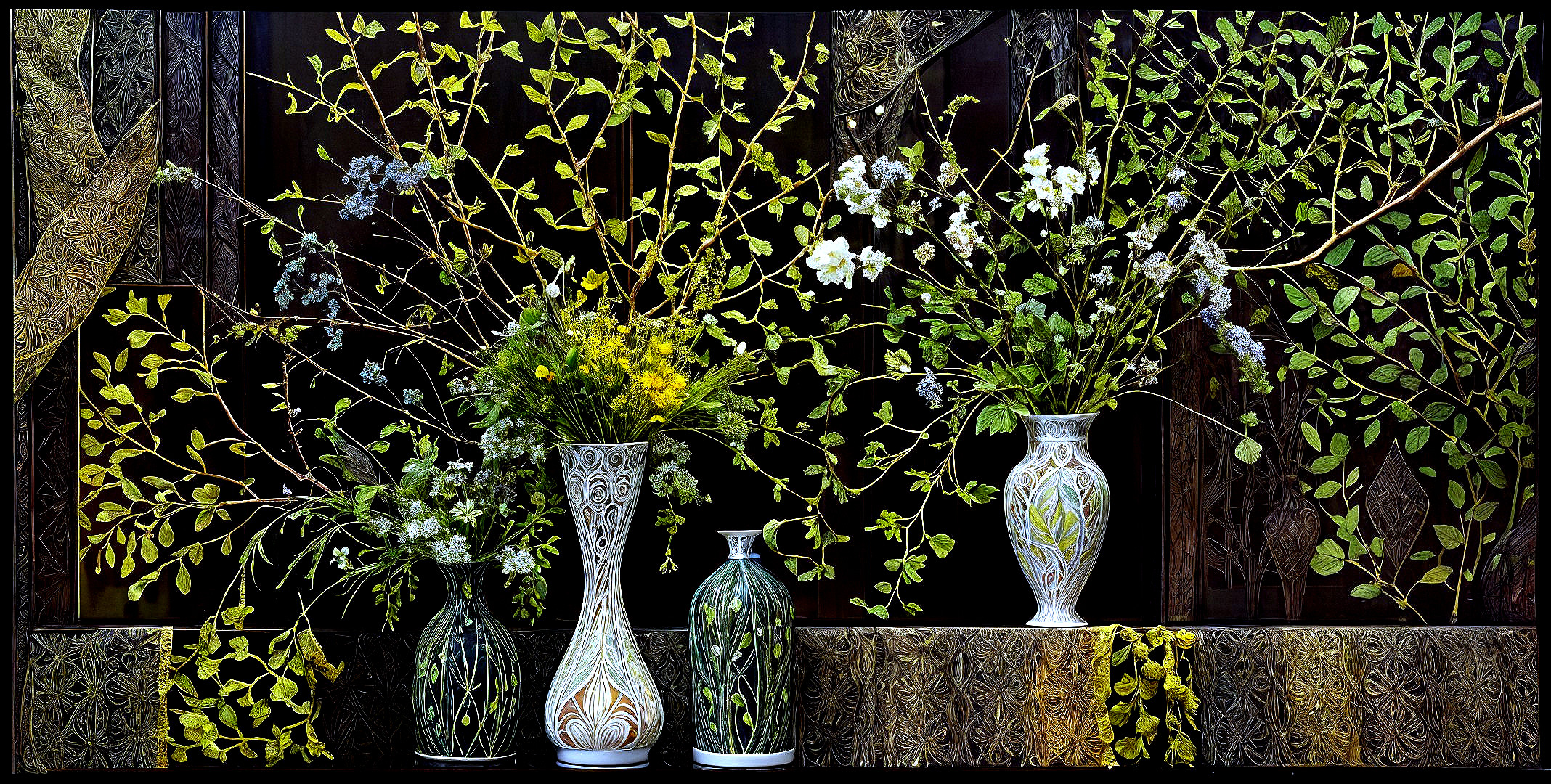 Decorative Vases with Vibrant Artificial Flowers Display