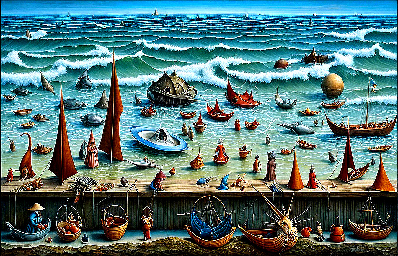 Surreal Seascape with Fantastical Boats and Creatures