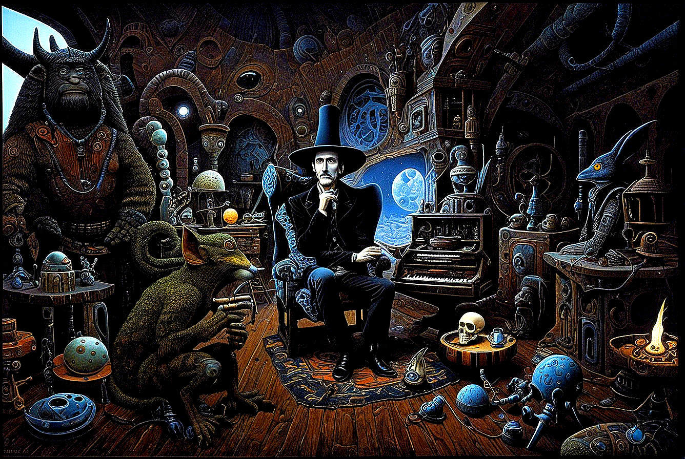 Surreal Steampunk Room with Mystical Creatures