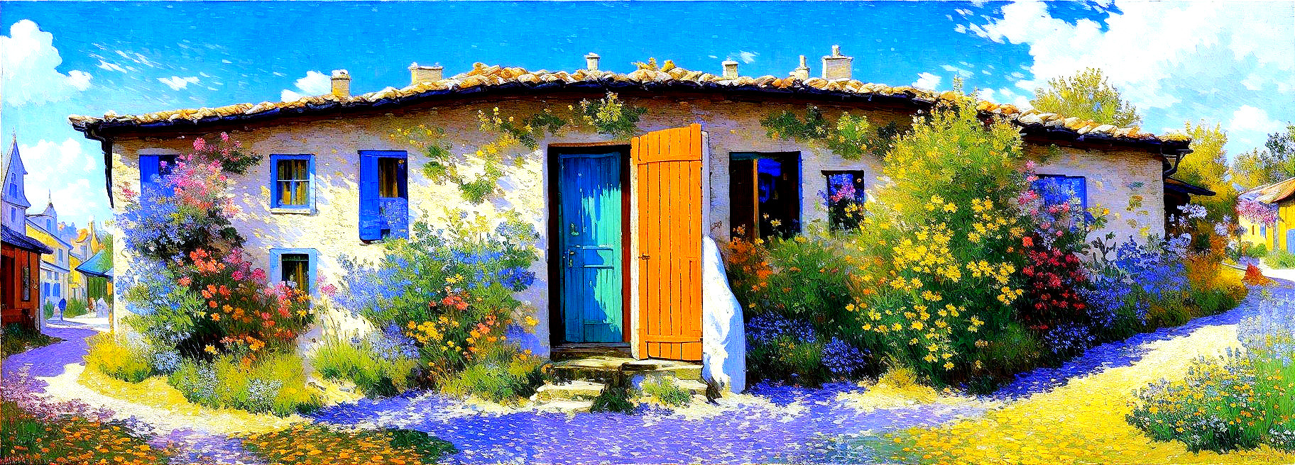 Charming Cottage Surrounded by Vibrant Garden Flowers