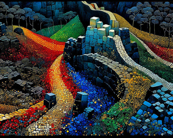 Vibrant Landscape with Colorful Paths and Abstract Stones
