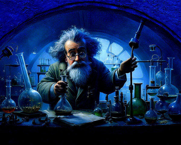 Elderly Scientist Mixing Potions in Dim Laboratory