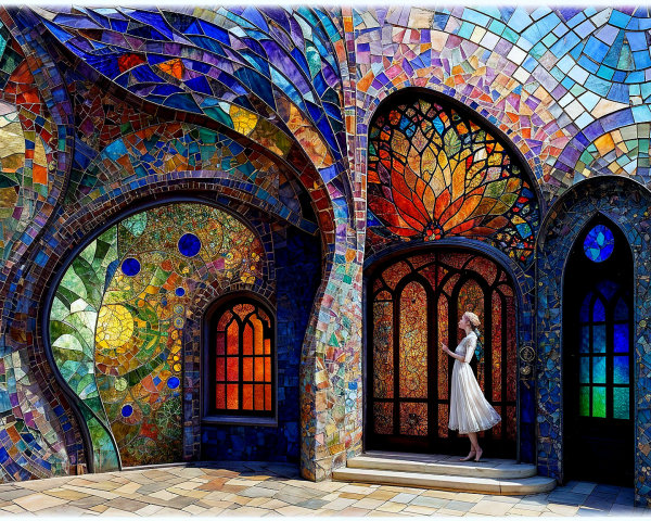 Woman in White Dress at Stained Glass Entrance