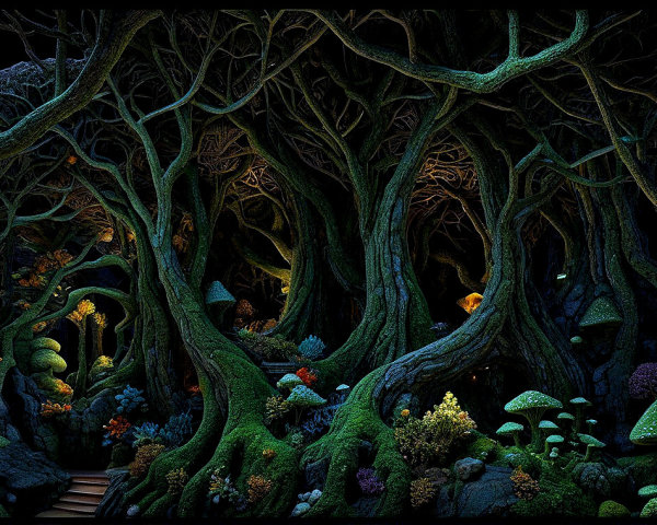 Mystical Forest with Luminescent Roots and Flora