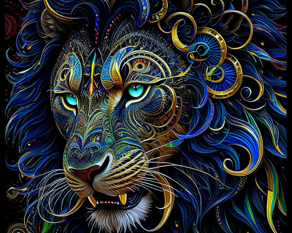 Intricate Lion Head Design with Blue and Gold Colors