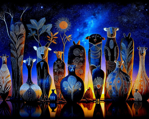 Surreal Landscape with Stylized Animal Figures