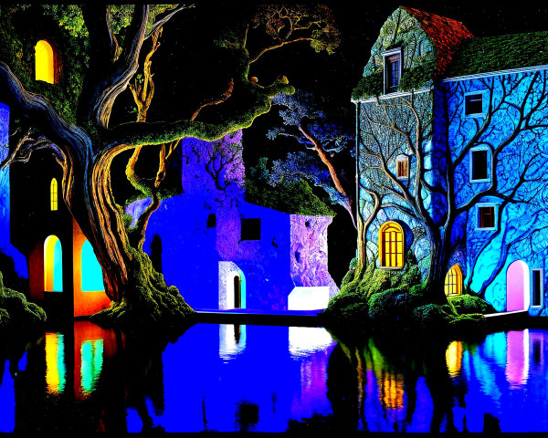 Surreal Landscape with Illuminated Whimsical Houses