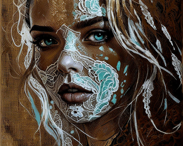 Close-up of a woman's face with lace and floral patterns