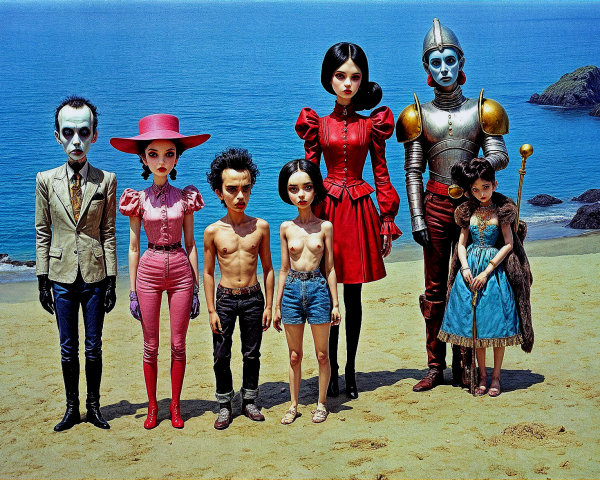 Whimsical Beach Scene with Stylized Doll-like Figures