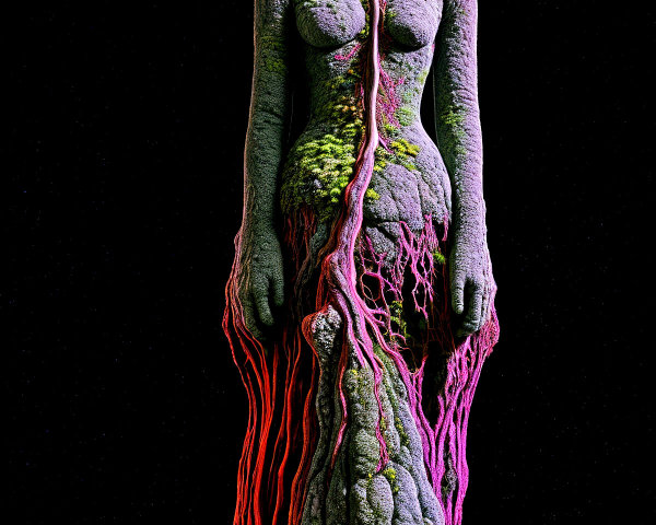 Surreal Humanoid Figure with Organic Growths and Colors