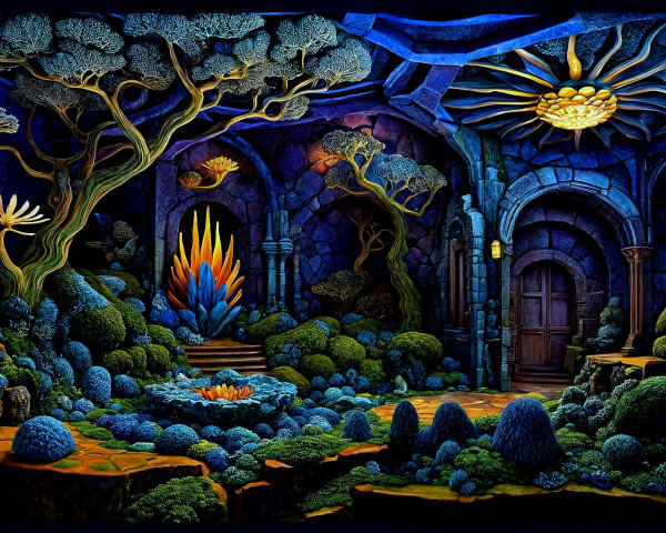 Mystical Underground Chamber with Luminescent Flora