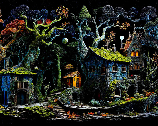 Whimsical Houses Amid Twisted Trees and Colorful Foliage